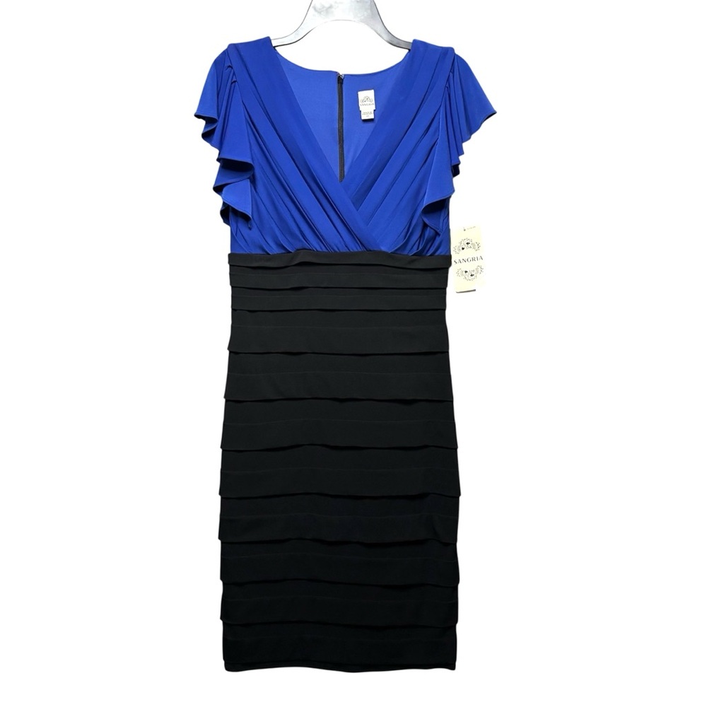 Sangria Fitted Dress Royal Blue & Black Size 10 Ruffled Tiered Pleated
